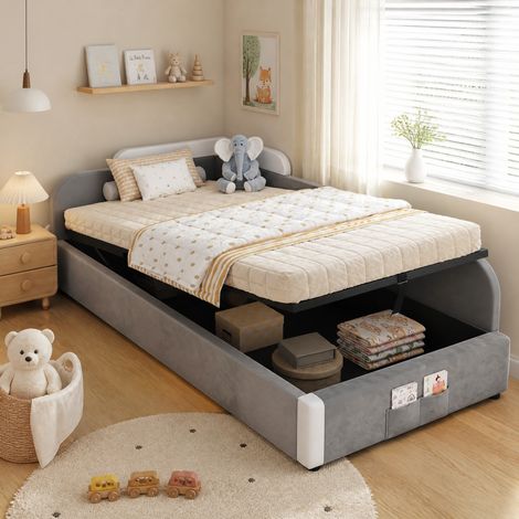 Cama infantil canapé 90 x 200 cm hidráulica de terciopelo gris HAVRYA (1/5)
