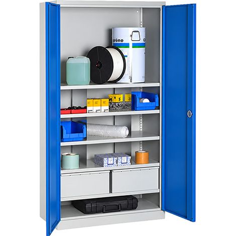Armoire de rangement acier bleue - 2 tiroirs et 5 étagères charge 150kg/niveau - Dim. 1950x1000x500mm - W030090032-GCBI (1/5)