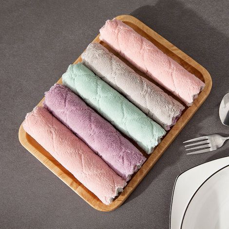 5 panni per la pulizia in microfibra, morbidi, assorbenti e senza pelucchi, ideali per la cucina e la pulizia domestica. (1/4)