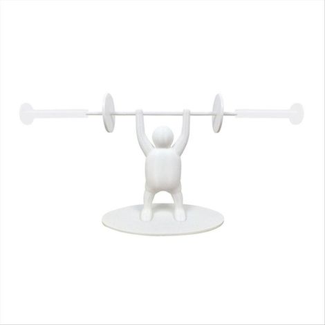 Porte-papier toilette design haltérophile humoristique, petit modèle blanc avec haltère blanche, accessoire de salle de bain original et décoratif (1/5)