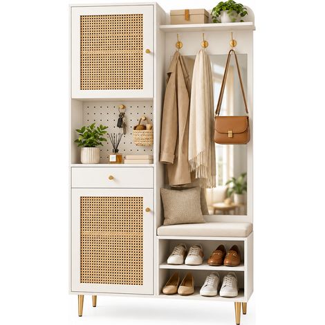 FurnitureR Meuble à chaussures blanc et naturel avec banc, portes effet cannage, crochets, panneau perforé et étagères réglables (1/5)