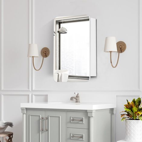 Bathroom Mirror Cabinet with Magnifying Vanity Mirror 3 Shelves Bathroom Wall Cabinet Single Door Wall Mounted White (1/5)