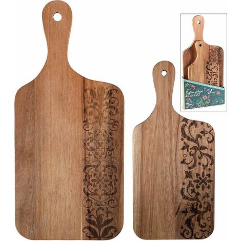 Taglieri in legno di acacia con decorazioni incise maiolica in confezione regalo con, set da 2 pezzi, Grande: cm 18,5 x 40 H
