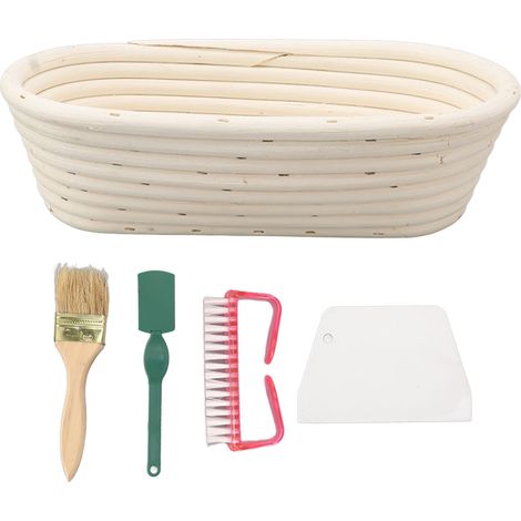 Ensemble de paniers à pain ovales en rotin naturel, 25cm, pour pâte à levain, grattoir, brosse de revêtement en tissu. (1/5)