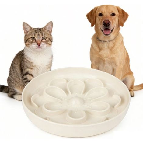 Gamelle anti-glouton pour chat, pour aliments humides et secs, ralentit la prise alimentaire, pieds antidérapants, 16 x 16 x 2,8 cm, blanc (1/5)