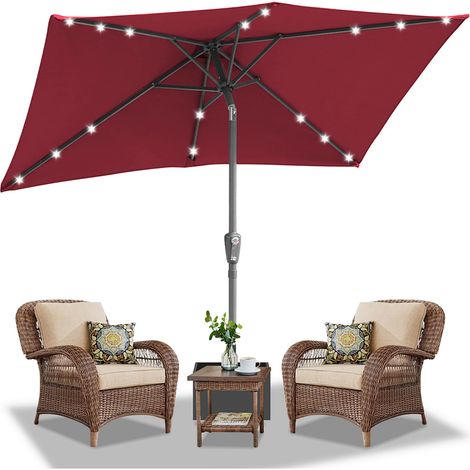 Randaco 140x210m Sonnenschirm UV50+ Neigbar Sonnenschutz Gartenschirm Strandschirm LED Solar, knickbar, Schirmtuch mit PA-Beschichtung, Rot