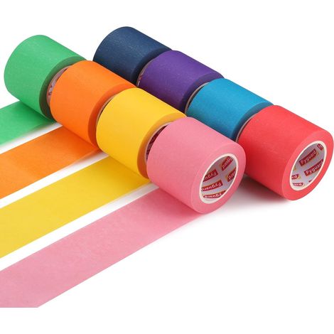 Lot de 8 rubans crépés colorés - 48 mm x 13 m - Déchirable à la main Inscriptible, amovible sans laisser de résidus, repositionnable, 8 couleurs pour travaux manuels, étiquettes et décoration (1/5)