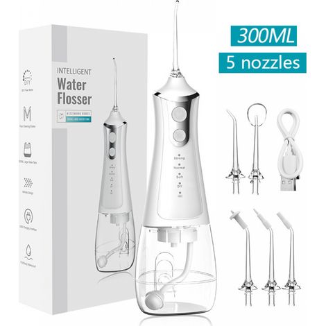 BEBUSINGOTO Hilo dental portátil de 300 ml, recargable por USB, limpiador dental con 5 boquillas (1/3)