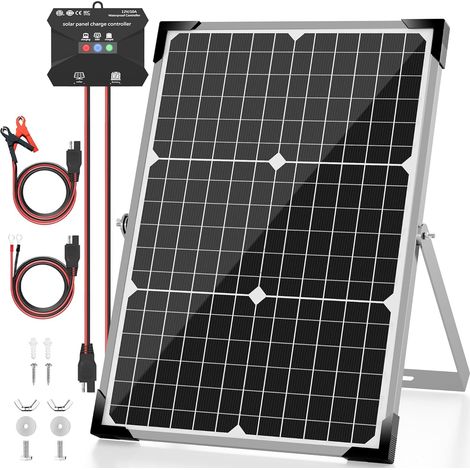 Kit de panneau solaire monocristallin 30 W 12 V + contrôleur de charge MPPT 10 A + support de montage réglable pour voiture, camping-car, bateau, moto, ouvre-porte (1/5)