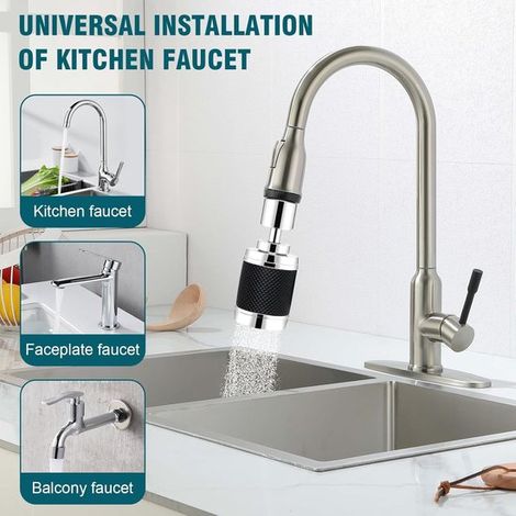 Accessorio per rubinetto da cucina girevole a 360° con filtro, alta pressione, prolunga per rubinetto a risparmio idrico, modalità a campana, 3 tipi di getto (nero) (1/5)