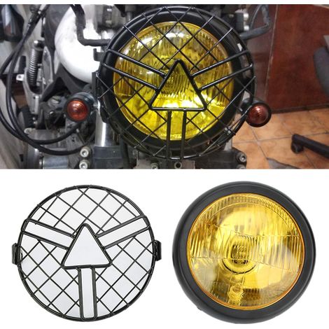 Phare avant universel rétro pour moto avec grille de protection et support, 5,75 pouces, jaune (1/5)
