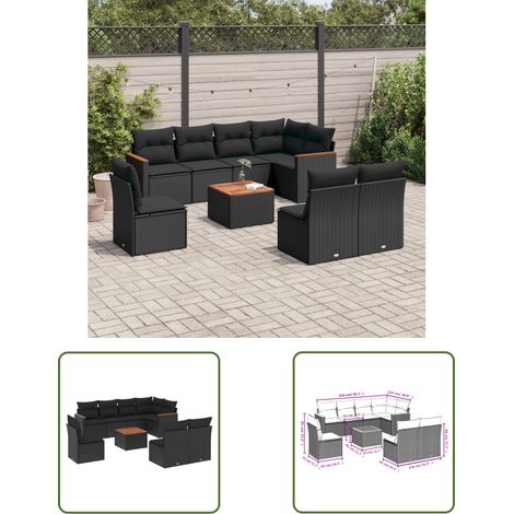 The Living Store 9-tlg. Garten-Sofagarnitur mit Kissen Schwarz Poly Rattan - Gartenmöbel - Esstischgarnituren - Outdoor Möbel - Lounge Set - Rattan Sofa (1/3)