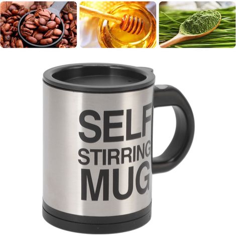 Tasse à café électrique avec couvercle, en acier inoxydable, tasse à café/lait automatique, tasse à agitateur paresseux, noire. (1/5)