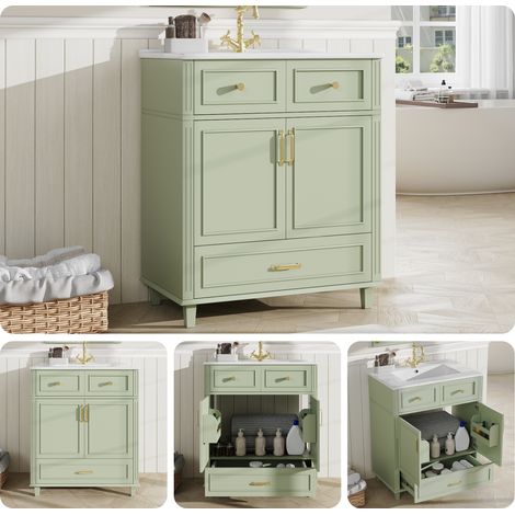 Meuble sous vasque 81x46,5 cm avec lavabo céramique, 1 tiroir et 1 porte soft-close, design rainuré, meuble salle de bain moderne - Vert