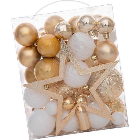 Vormontierte Weihnachtsdekorationssets mit unzerbrechlichem Schmuck und Baumspitzenstern für schnellen Aufbau, Gold (1/5)