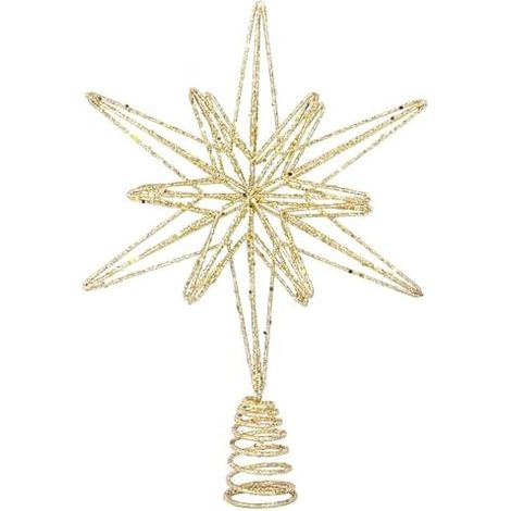 Étoile de Noël en métal doré pailleté, 32 x 25 cm, pour sapin de Noël. Décoration 3D en forme d'étoile, idéale pour les fêtes et le sapin. (1/5)
