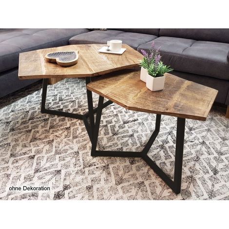 Lot de 2 Tables Basses Gigognes de Salon en Bois de Manguier Recyclé et Métal - PANGIVO