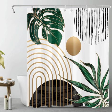Géométrique Moderne Rideaux de Douche 150x180cm Feuille Verte rayée Or Noir Rideaux de Bain avec Crochets,Art Abstrait Court Imperméable Polyester Anti Moule Salle de Bain Décor (1/5)