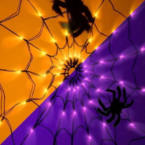 Set mit 2 leuchtenden Spinnennetz-Halloween-Dekorationen, 1,2 m Durchmesser, 70 LEDs mit schwarzer Spinne (lila + orange) (1/4)