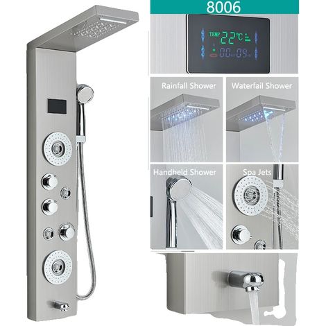 Set di rubinetteria per doccia, con soffione a pioggia e doccetta, display digitale a LED per la temperatura, miscelatore, finitura spazzolata 8006 (1/2)