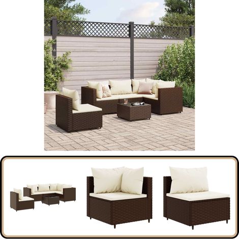 6-tlg. Garten-Lounge-Set mit Kissen Braun Poly Rattan - Gartensets - Lounge Set - Gartenmöbel - Rattan Möbel - Outdoor Möbel