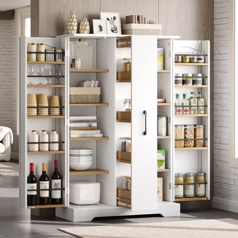 Armario de cocina 120x78x35 cm, con especiero y extraíble vertical de 4 niveles, estantes ajustables, MDF blanco (1/5)