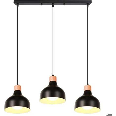 3lampe Suspension Luminaire Moderne,Lustre Industriel Vintage en Bois Métal E27 Lampe de Plafond Ajustable Style Nordique,Noir (1/5)
