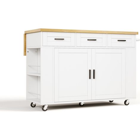 Îlot de cuisine mobile en MDF avec plan de travail rabattable, 120 x 45(70) x 84 cm, roulettes et prises intégrées (1/5)