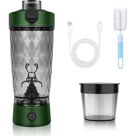 Shaker à protéines électrique 650 ml sans fil avec fonction de mélange, mélangeur automatique avec réservoir à poussière et brosse de nettoyage, pour sport, fitness et voyage Vert (1/5)