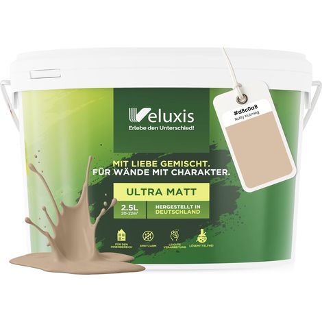Wandfarbe Beige Gold Creme Matt Innenfarbe – Deckkraft Klasse 1, VOC-frei, Ohne Grundierung, Tropfarm – Wohnzimmer & Schlafzimmer – 2,5L – Veluxis (Nutty Nutmeg)
