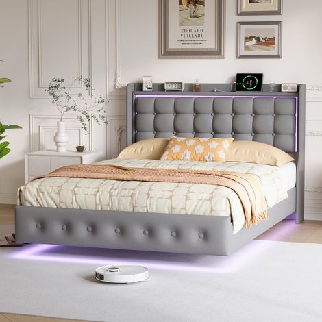 JOOKGBD-Letto matrimoniale fluttuante imbottito 160x200 cm,Letto per adolescente,Illuminazione LED,Porta USB,Testiera imbottita con vano portaoggetti,Rete a doghe in legno,Velluto,Grigio scuro