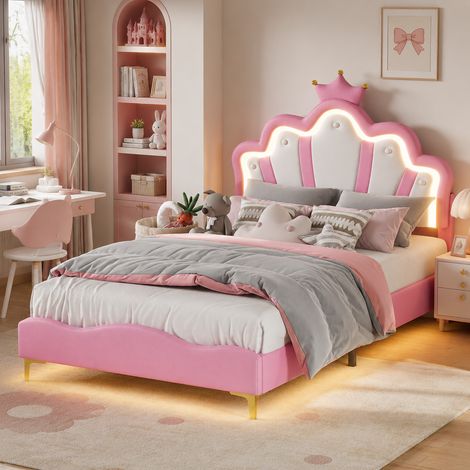 Lit capitonné 140x190cm avec lumière LED, lit double avec tête de lit réglable, lit filles avec couronne,sommier à lattes,lit ados, lit princesse, PU, ​​Rose