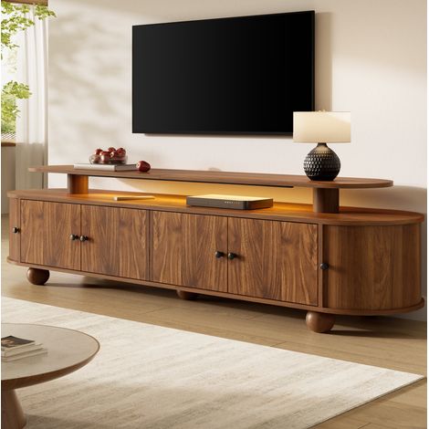 Mobile porta TV ovale 180x40x48 cm con illuminazione a LED, ante scorrevoli e vano contenitore, in MDF effetto legno - noce (1/5)