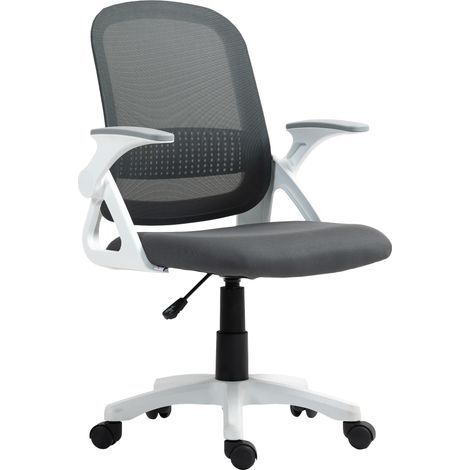 Ergonomischer grauer Netzbürostuhl mit hochklappbaren Armlehnen und Höhenverstellung