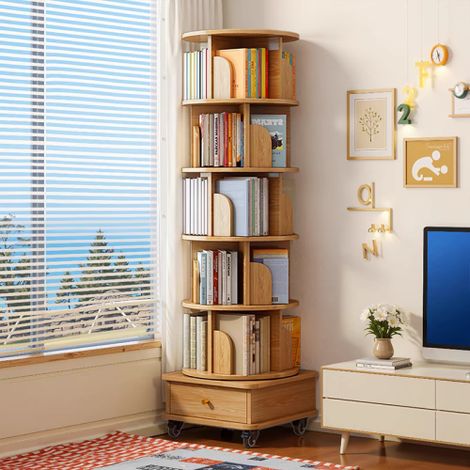 6 Scaffali girevoli, Scaffale rotondo girevole a 360° con rotelle e cassetto, Scaffale girevole salvaspazio per stanze piccole – Ideale per camera da letto, soggiorno, casa e ufficio, Colore legno (1/5)