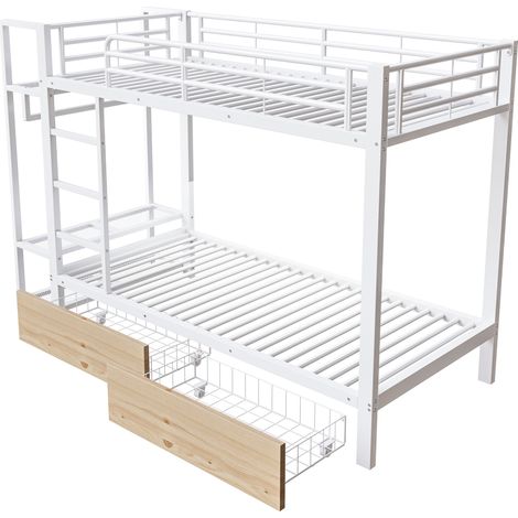 Lit superposé, 90 x 200 cm, cadre en fer, 2 tiroirs, plusieurs espaces de rangement, avec bande lumineuse LED, avec barre pour vêtements, matelas non inclus, blanc (1/5)