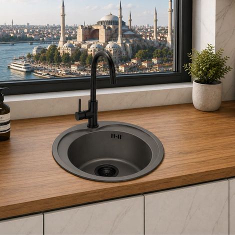 Fregadero Pila Cocina Acero Antracita Pavonado 49 cm Sobre Encimera 1 seno redondo Serie Estambul Tapón Negro (1/4)
