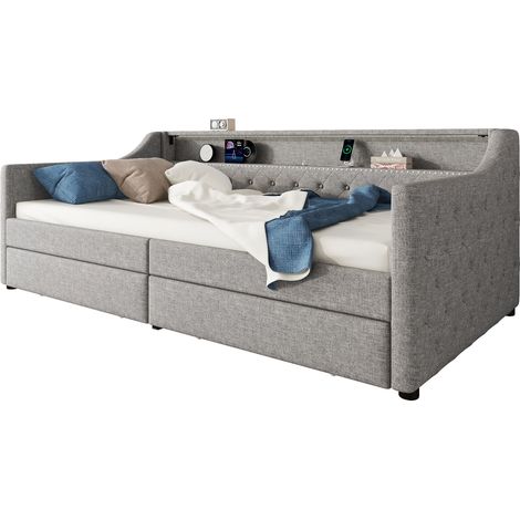 Tagesbett Leinen Grau 90x200 cm mit Lattenrost, 2 Schubladen, LED-Beleuchtung und USB-Anschluss (1/5)