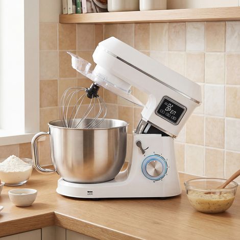 Robot pâtissier 6 L 1400 W avec tête inclinable, 6 vitesses, fonction fermentation, affichage LED, blanc