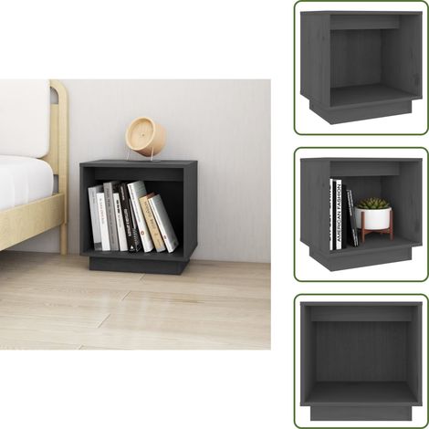The Living Store Comodino Grigio 40x30x40 cm in Legno Massello di Pino - Comodino moderno