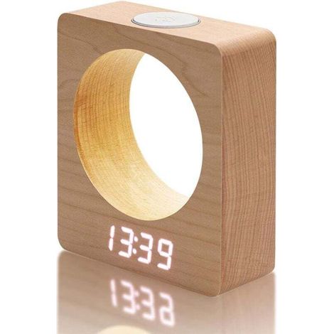 Silent Wooden Digital Alarm Clock with Adjustable LED Lighting Temperature Display Battery Operated Bedside Clock (1/4)
