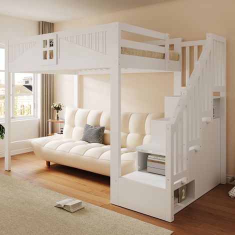 Lit mezzanine en bois massif 140 x 200 cm, avec barrière de sécurité unique avec fenêtre, échelle de rangement interchangeable des deux côtés, lit multifonction blanc (1/5)
