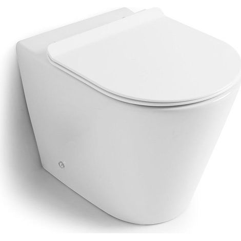 Kiamami Valentina – WC à poser affleurant mural en céramique blanche – Évacuation murale ou à poser – Longueur 36 cm, hauteur 41 cm, profondeur 56 cm – Abattant inclus (1/4)