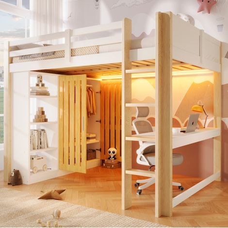Letto a soppalco nordico 140x200 cm in pino bianco+naturale con LED, armadio, scaffali, scrivania e scala (1/5)