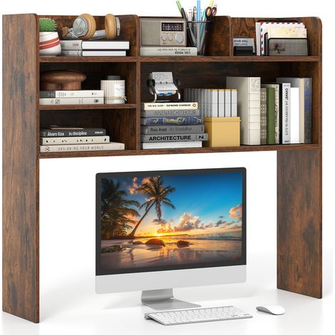 COSTWAY Desktop Bookshelf Desk Hutch Shelf for Computer Monitor-Brown (1/5)