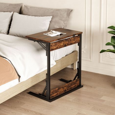 Juego de 2 mesas auxiliares plegables en forma de C de estilo industrial, 60 x 37 x 71 cm, estructura de metal con patas ajustables, tablero de madera rústica marrón (1/5)