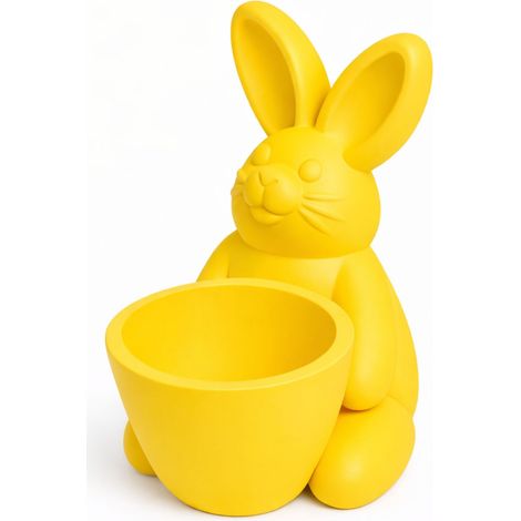 Coniglio giallo decorativo per Pasqua con ciotola portagioie.