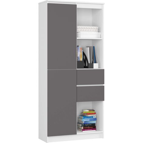 Librería AKORD R15 Blanco 80 cm 2 puertas 2 cajones frente en color Grafito Gris 7 estantes 80x35x180 cm (1/5)