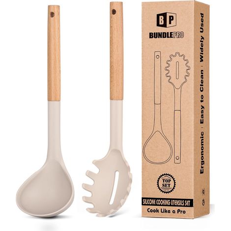 Ensemble fourchette à pâtes en silicone et louche avec poignée en bois, résistant à la chaleur, anti-adhésif, ustensiles de cuisine pour cuisiner, remuer, servir des spaghettis, soupe, sauce (kaki) (1/5)