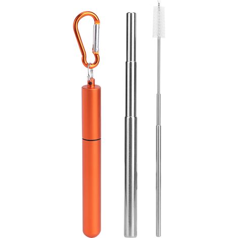 Tragbarer, teleskopierbarer Edelstahlstrohhalm, wiederverwendbar, inklusive Reinigungsbürste, ideal für Picknicks, orange. (1/5)